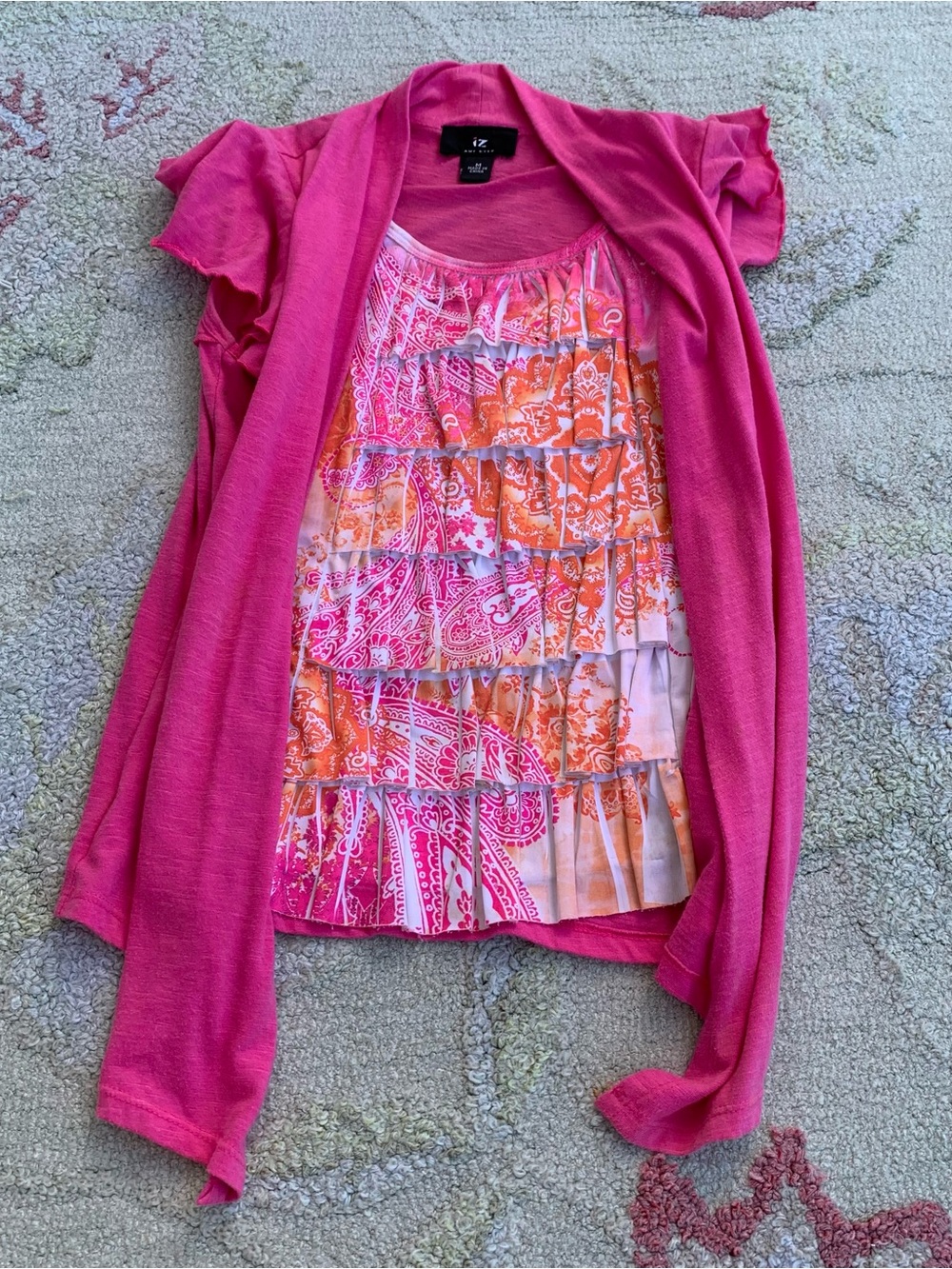 Vintage Y2K IZ Byer Ruffle Tiered Paisley Top with Pink Cardigan Overlay top siz